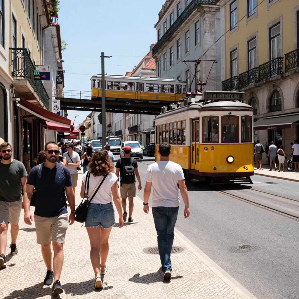 Busy Lisbon Street Scene Under Flat Noon Glare with Yellow Monorail Passing Above in in Lisbon, Portugal
