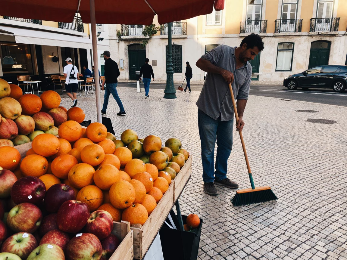 Busy Lisbon Street Scene with Fruit Vendor and Hand Broom in Early Afternoon in in Lisbon, Portugal