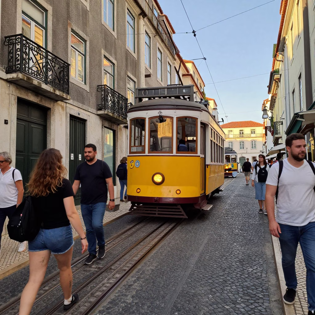 Busy Lisbon Street Scene with Funicular Climbing Steep Hill in Late Afternoon in in Lisbon, Portugal