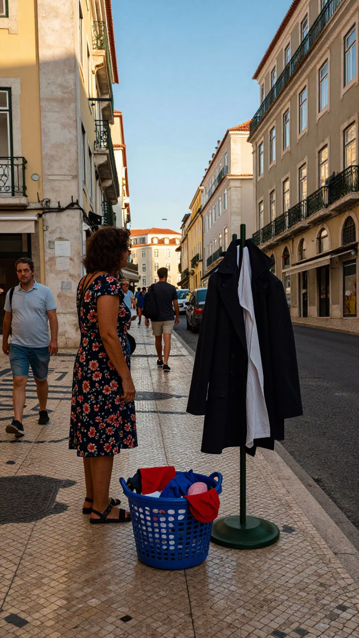 Busy Lisbon Street Scene with Laundry Basket and Coat Stand in Late Afternoon Light in in Lisbon, Portugal