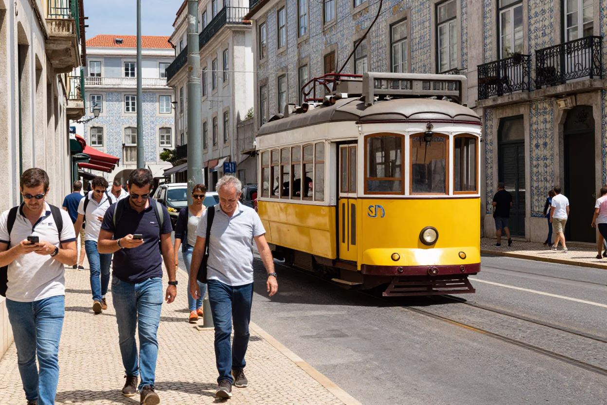 Busy Lisbon Street Scene with Tram and Portuguese Tiles at Midday in in Lisbon, Portugal