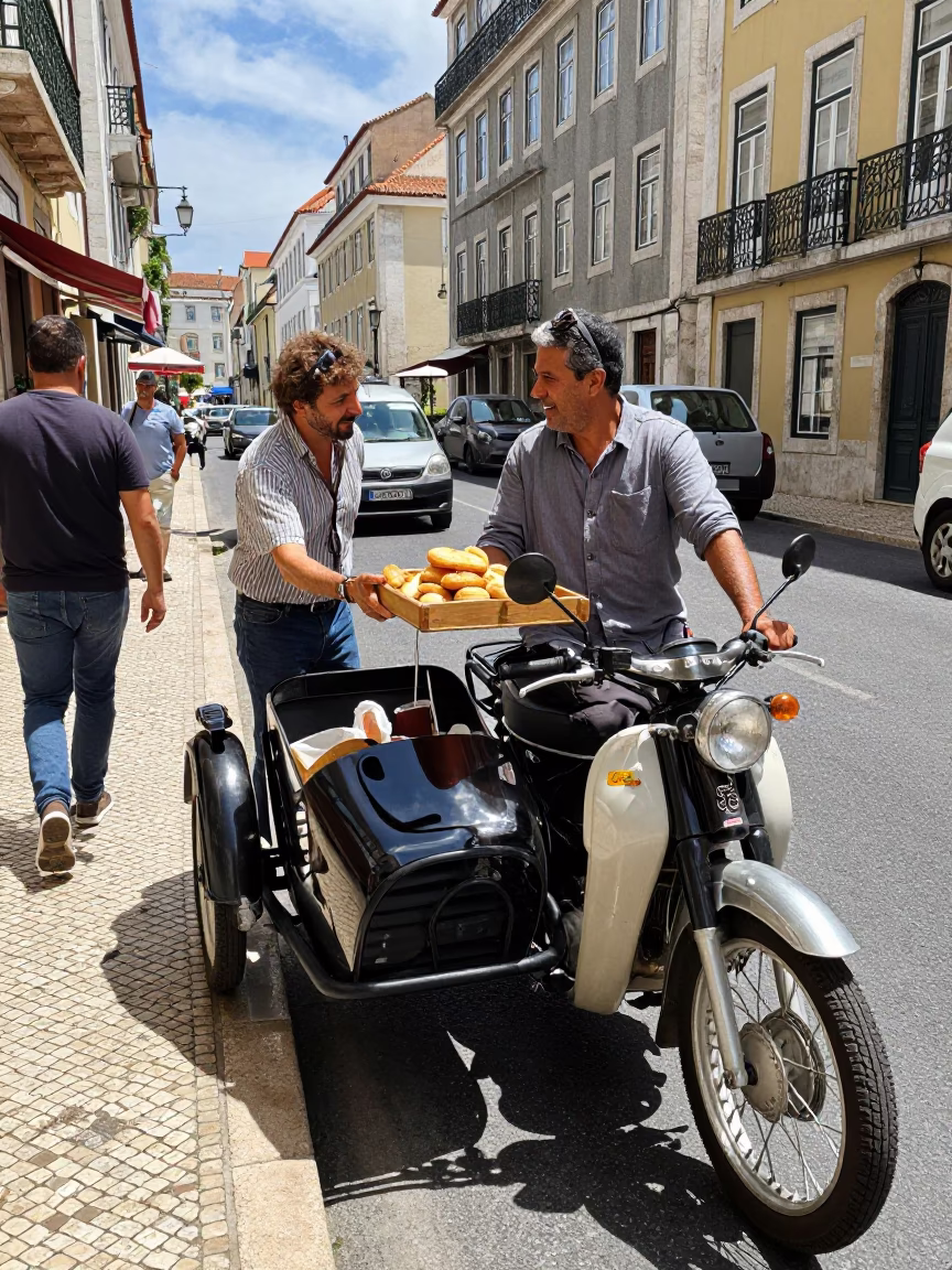 Busy Lisbon Street Scene with Vintage Motorcycle and Basket Tray at Midday in in Lisbon, Portugal