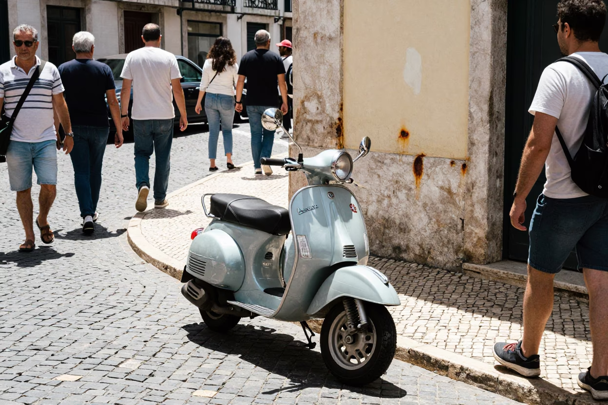 Busy Lisbon Street Scene with Vintage Vespa on Cobblestone Lane at Midday in in Lisbon, Portugal
