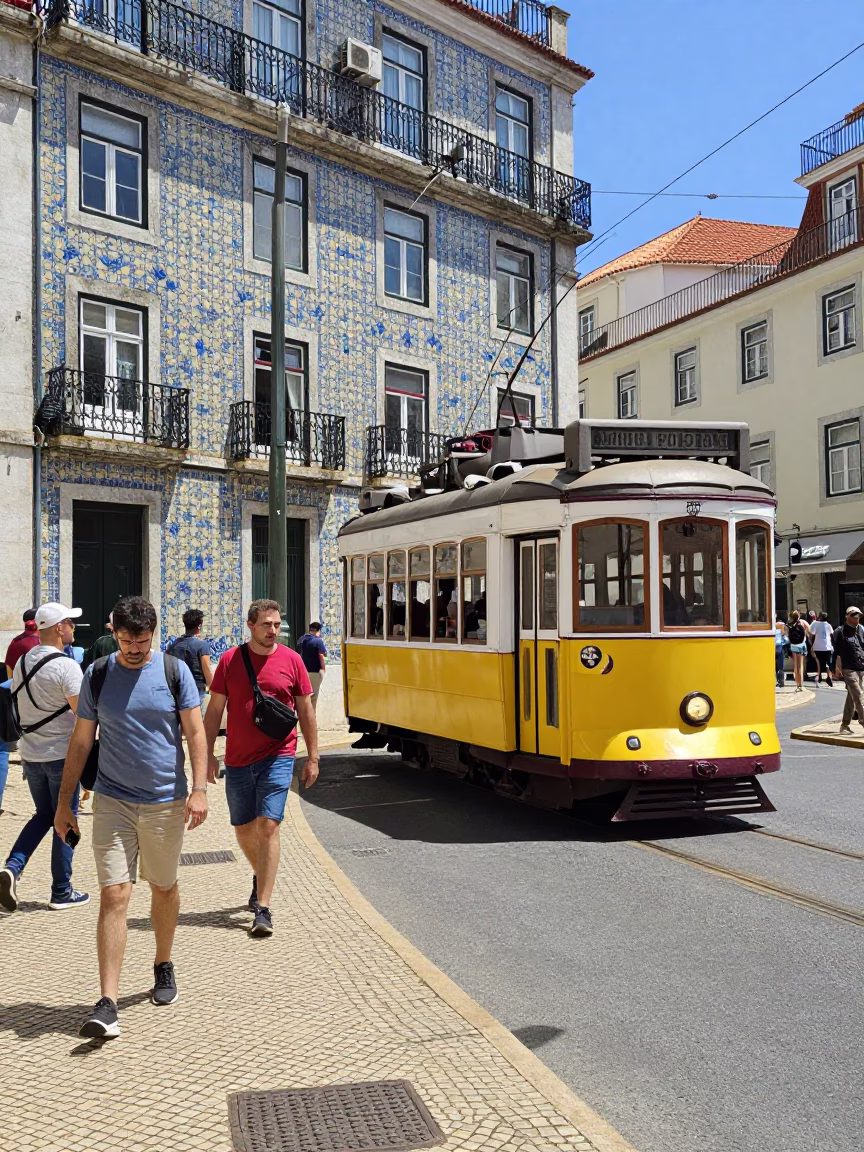 Busy Lisbon Street Scene with Yellow Tram and Traditional Tiles at Midday in in Lisbon, Portugal