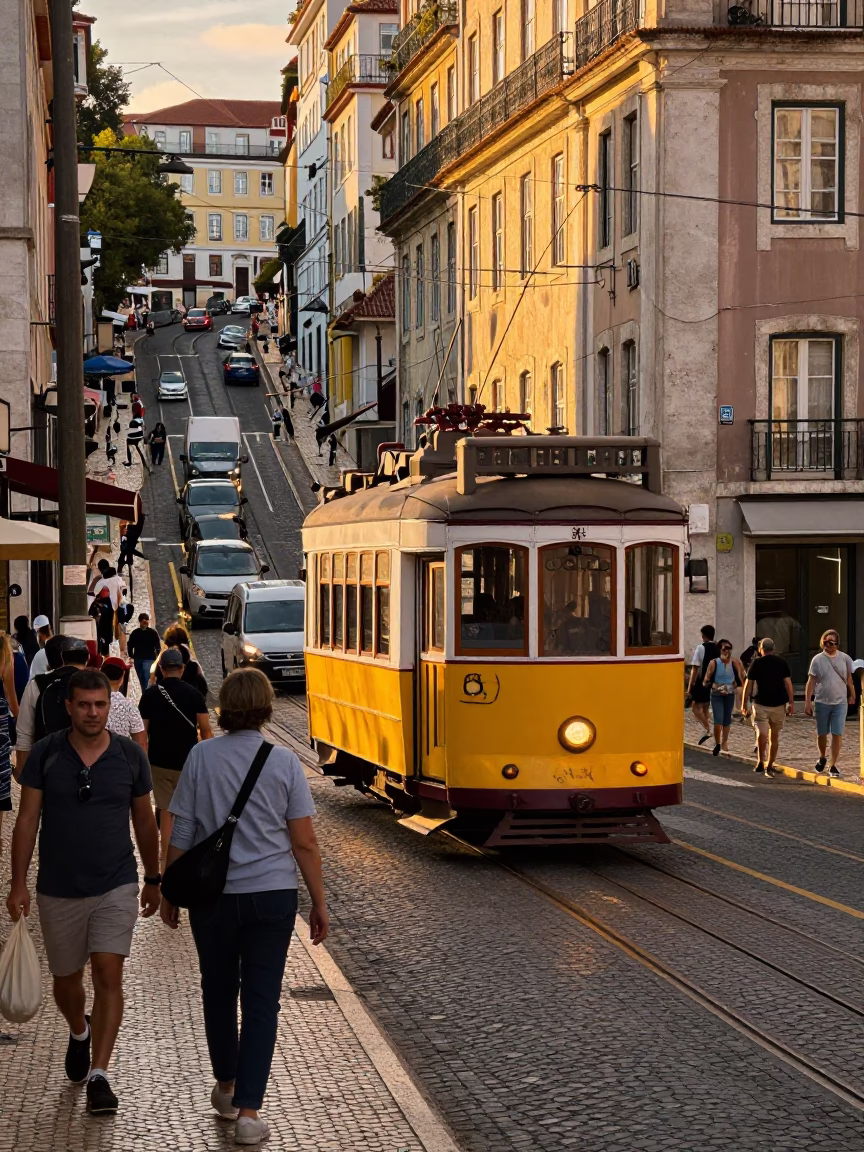 Busy Lisbon Sunset Street Scene with Traditional Tram and Pedestrians Near Historic Architecture in in Lisbon, Portugal