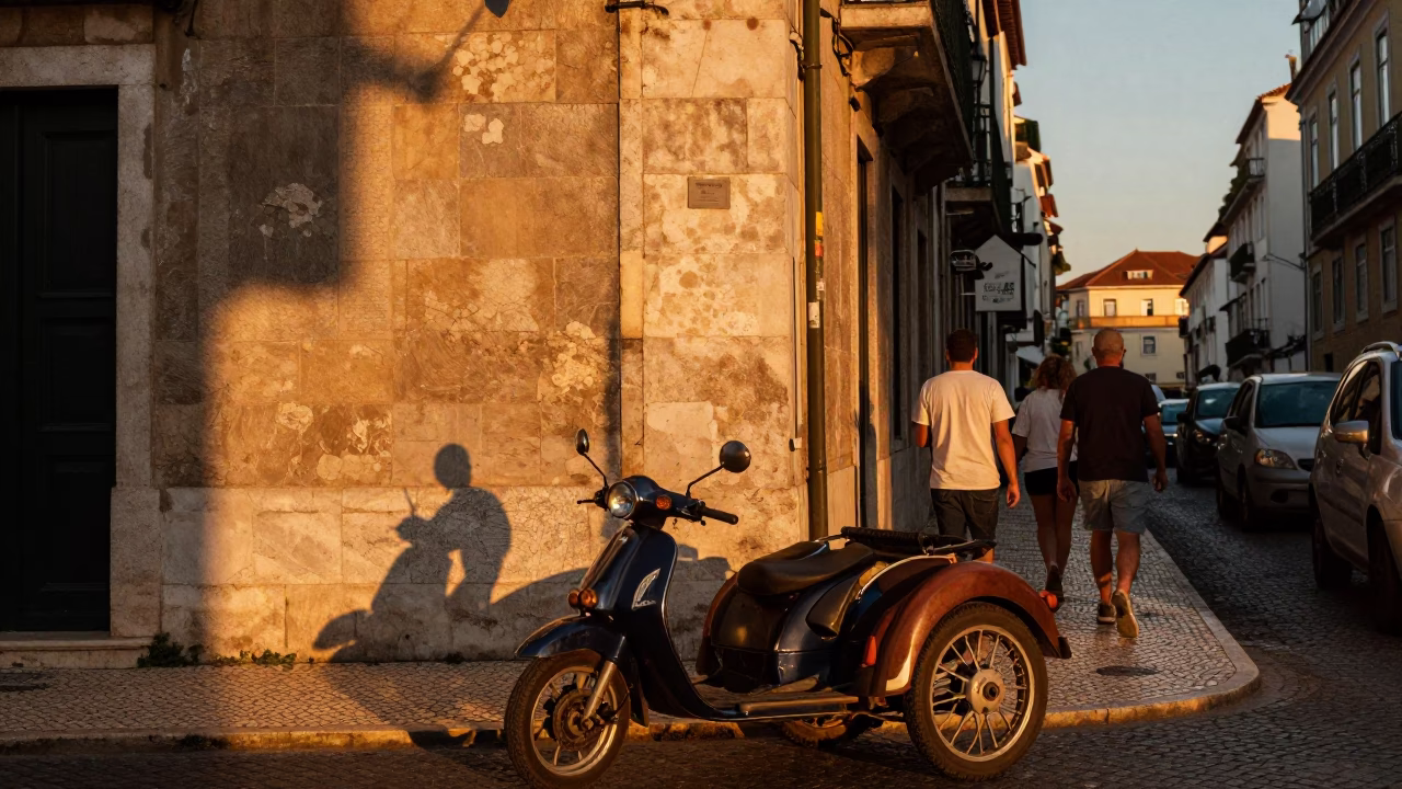 Busy Lisbon Sunset Street Scene with Vintage Motorcycle Sidecar and Stone Wall in in Lisbon, Portugal