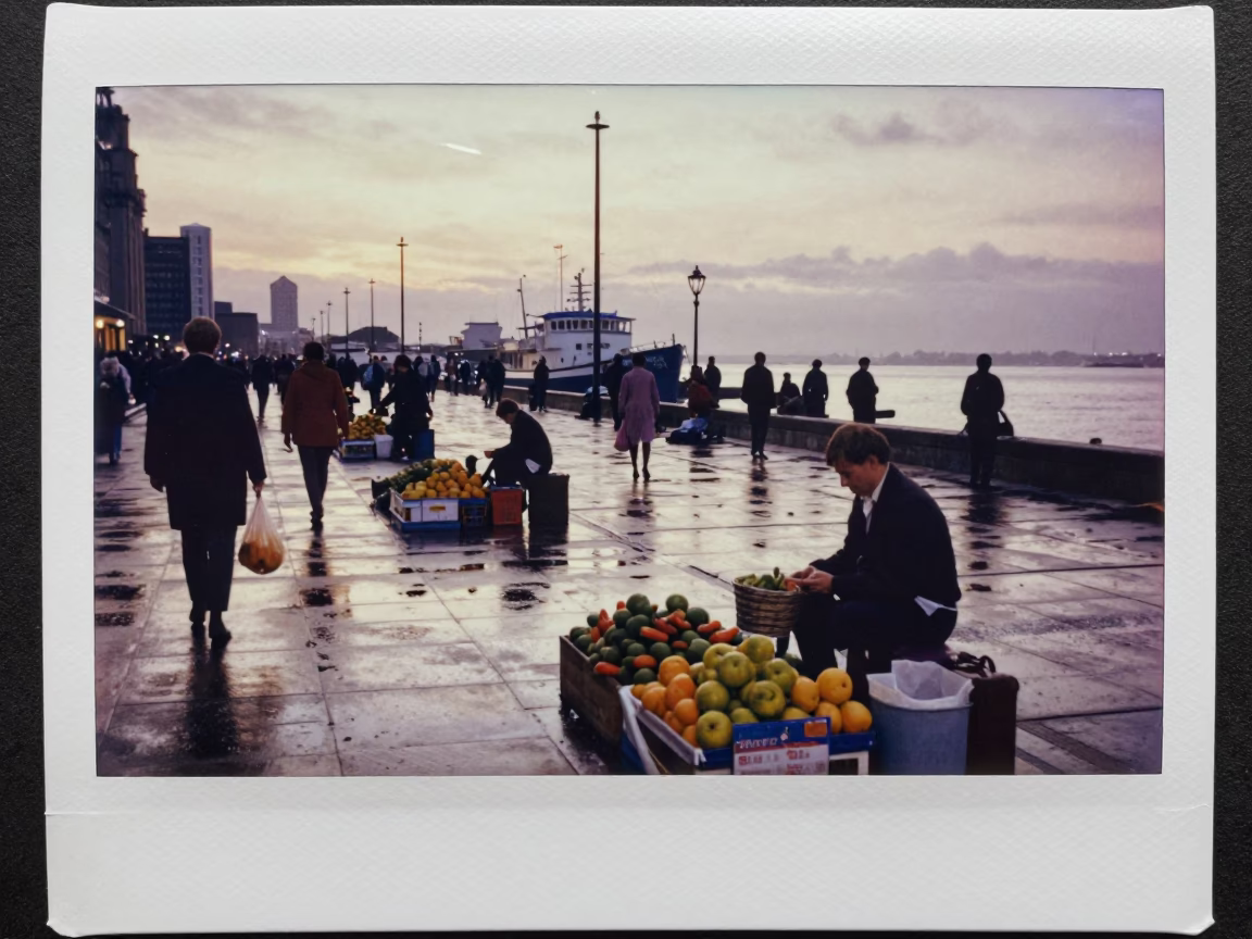 Busy Liverpool Docks at Nautical Dawn with Wet Fruit and Cobalt Glass Beaker in in Liverpool, United Kingdom
