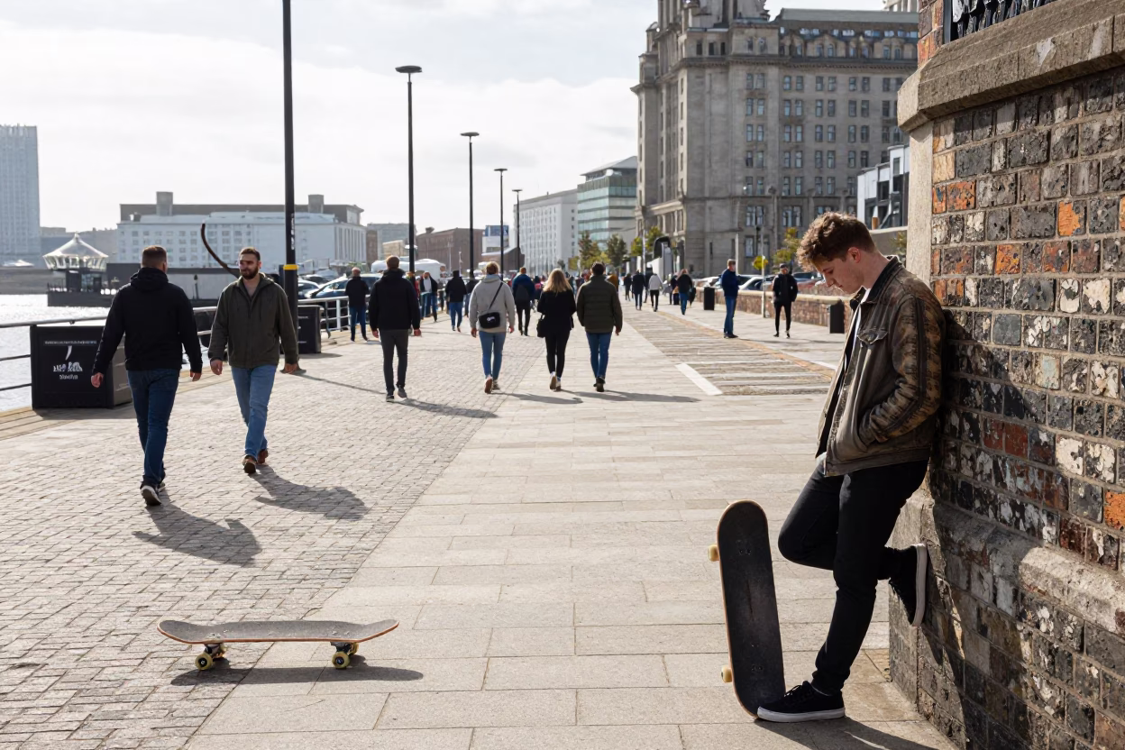 Busy Liverpool Docks Noon Scene with Skateboard and Condensation on Cup in in Liverpool, United Kingdom