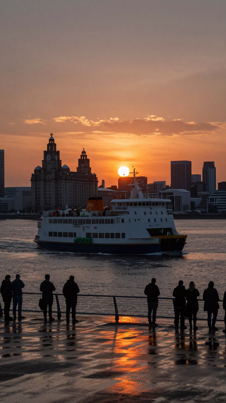 Busy Liverpool Ferry Crossing at Sunset with Urban Skyline and Commuters in in Liverpool, United Kingdom