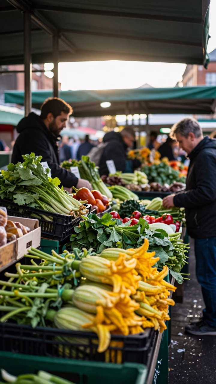 Busy Liverpool Market Stall at Dawn with Colorful Vegetables and Local Commerce in in Liverpool, United Kingdom
