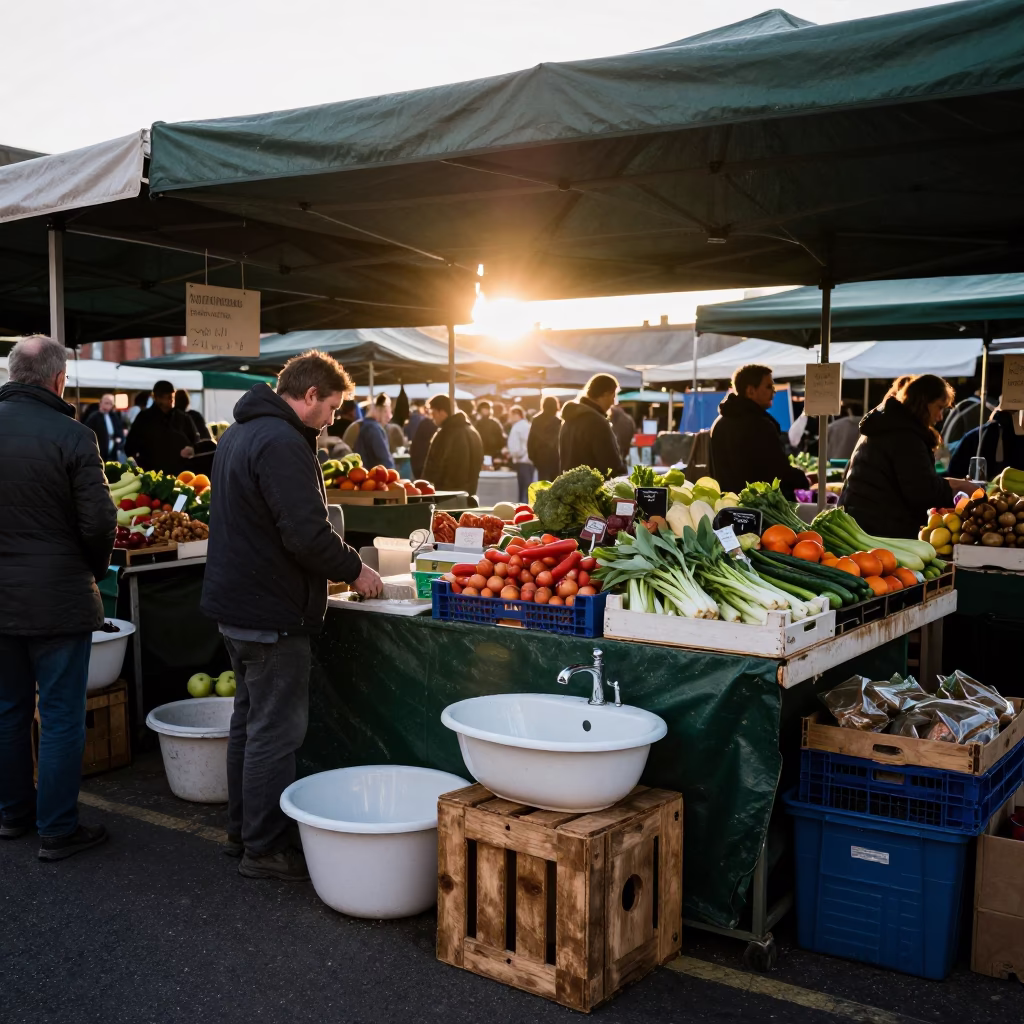 Busy Liverpool Market Stall at Dawn with Wash Basin and Apricots in in Liverpool, United Kingdom