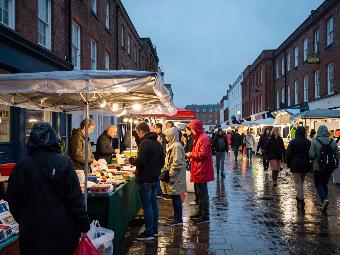 Busy Liverpool Market Stall Under Dusk Rain with Vendors and Shoppers in in Liverpool, United Kingdom