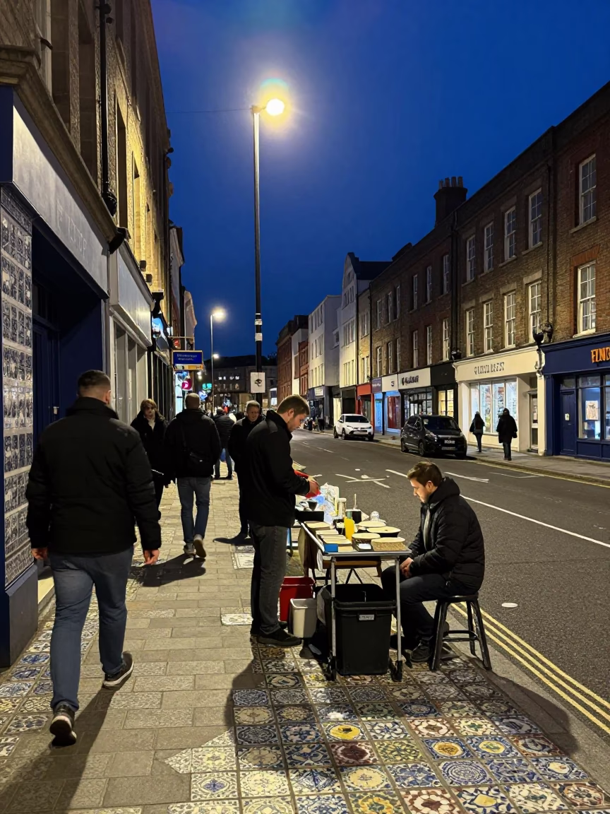 Busy Liverpool Midnight Street Scene with Ceramic Tiles and Camp Stool in in Liverpool, United Kingdom