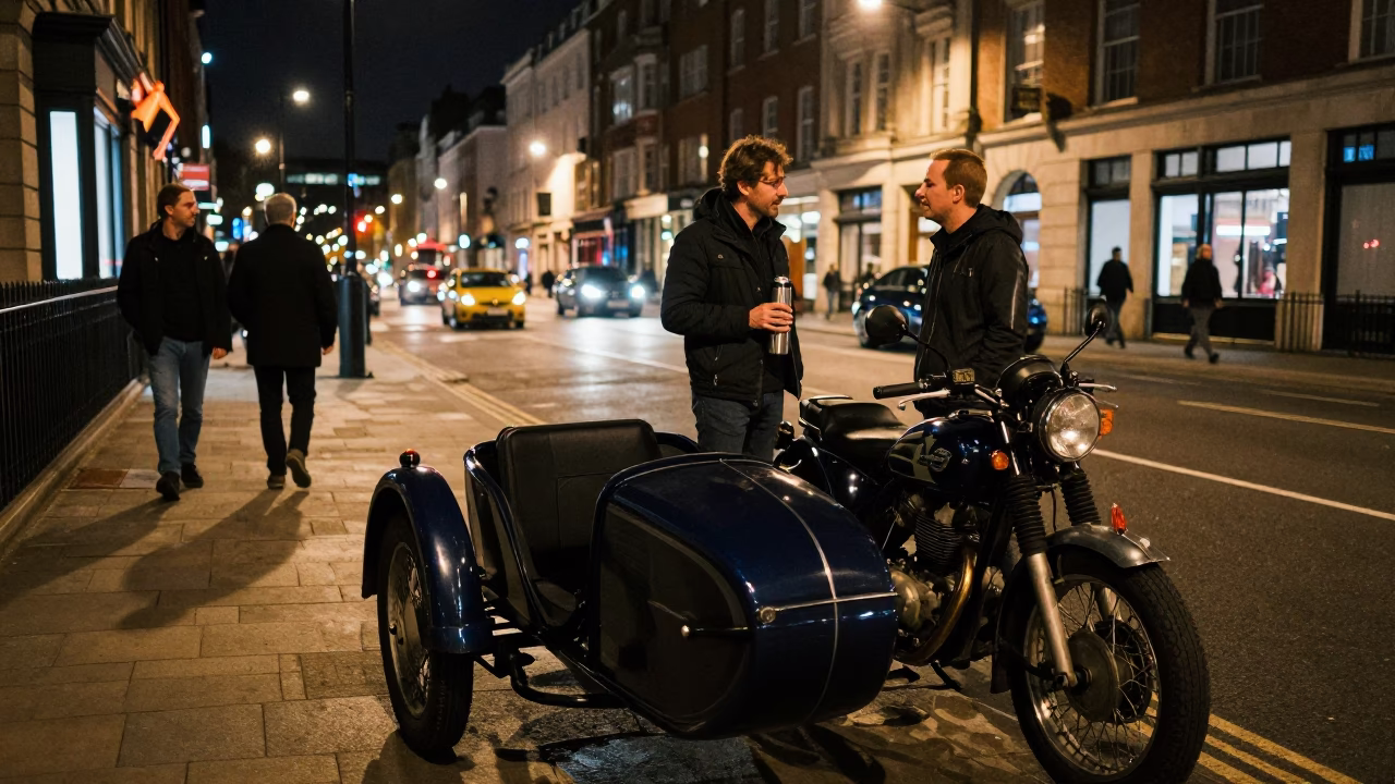 Busy Liverpool Night Scene with Vintage Motorcycle Sidecar and Thermos at Dusk in in Liverpool, United Kingdom