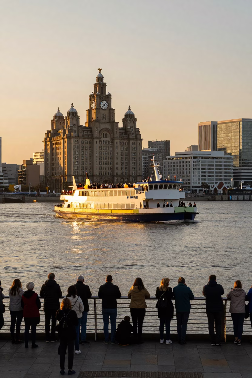 Busy Liverpool River Ferry Crossing at Sunset with Historic Waterfront Architecture in in Liverpool, United Kingdom