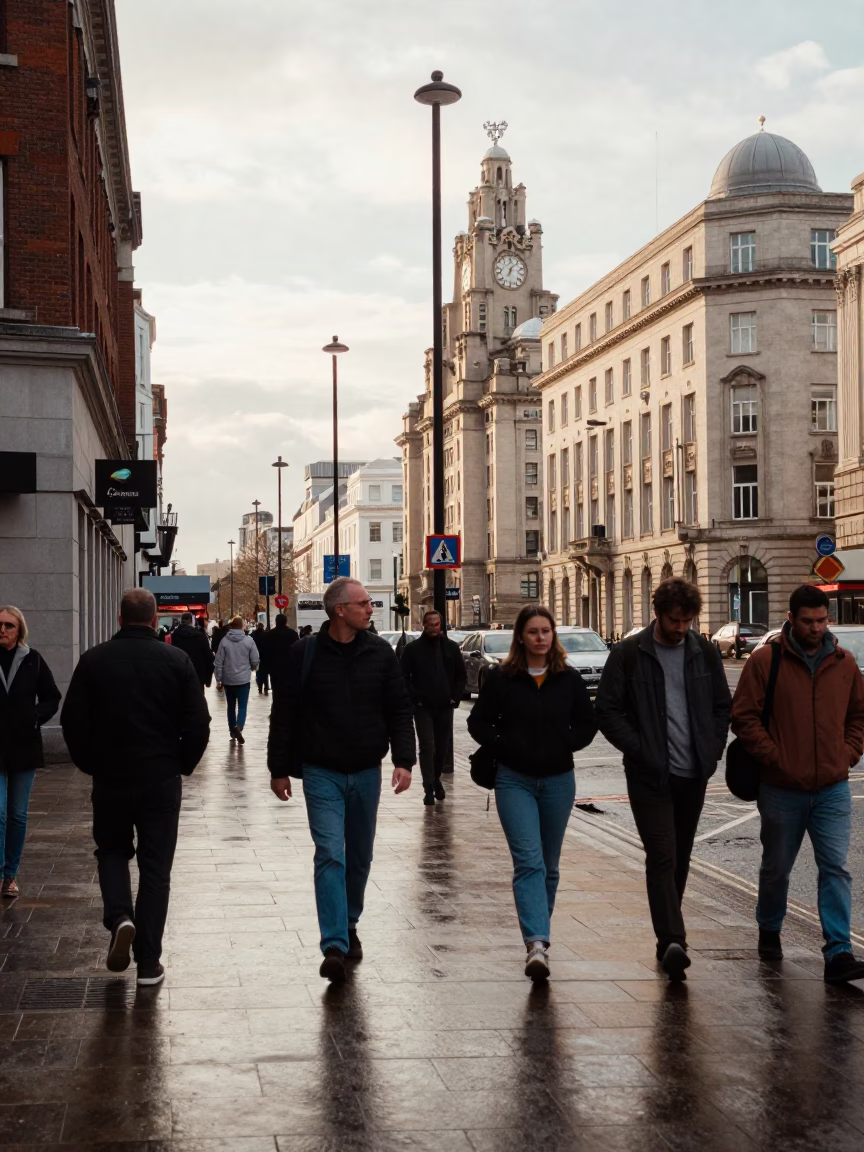 Busy Liverpool Street Corner Late Morning Pedestrians and Urban Life in in Liverpool, United Kingdom