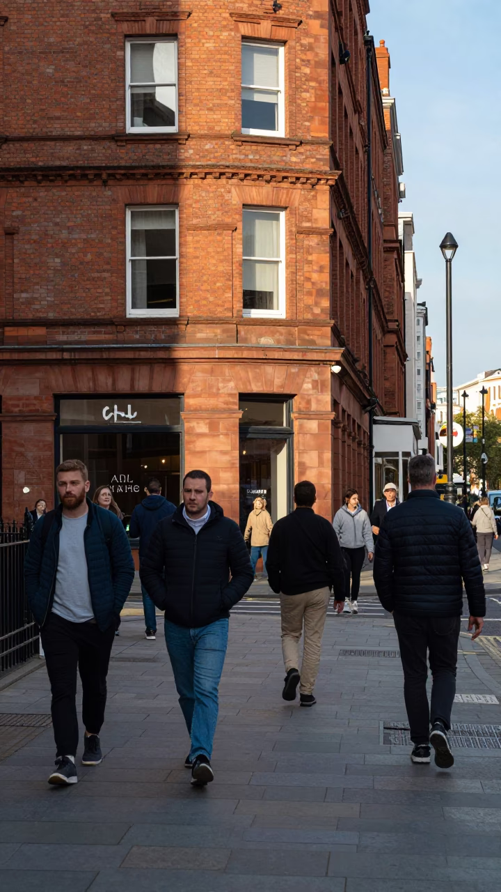 Busy Liverpool Street Corner with Pedestrians and Urban Life in Late Afternoon Light in in Liverpool, United Kingdom