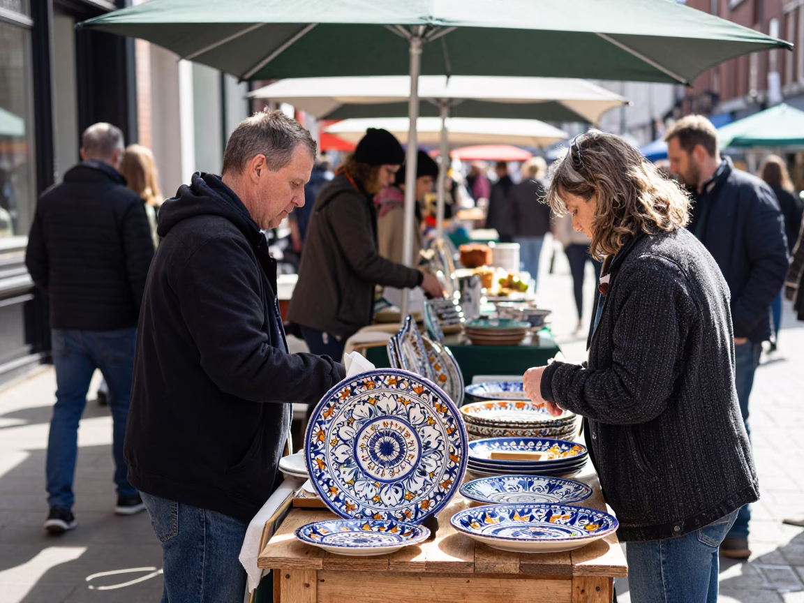 Busy Liverpool Street Market Stall in Bright Midmorning Light with Local Goods and Pedestrians in in Liverpool, United Kingdom