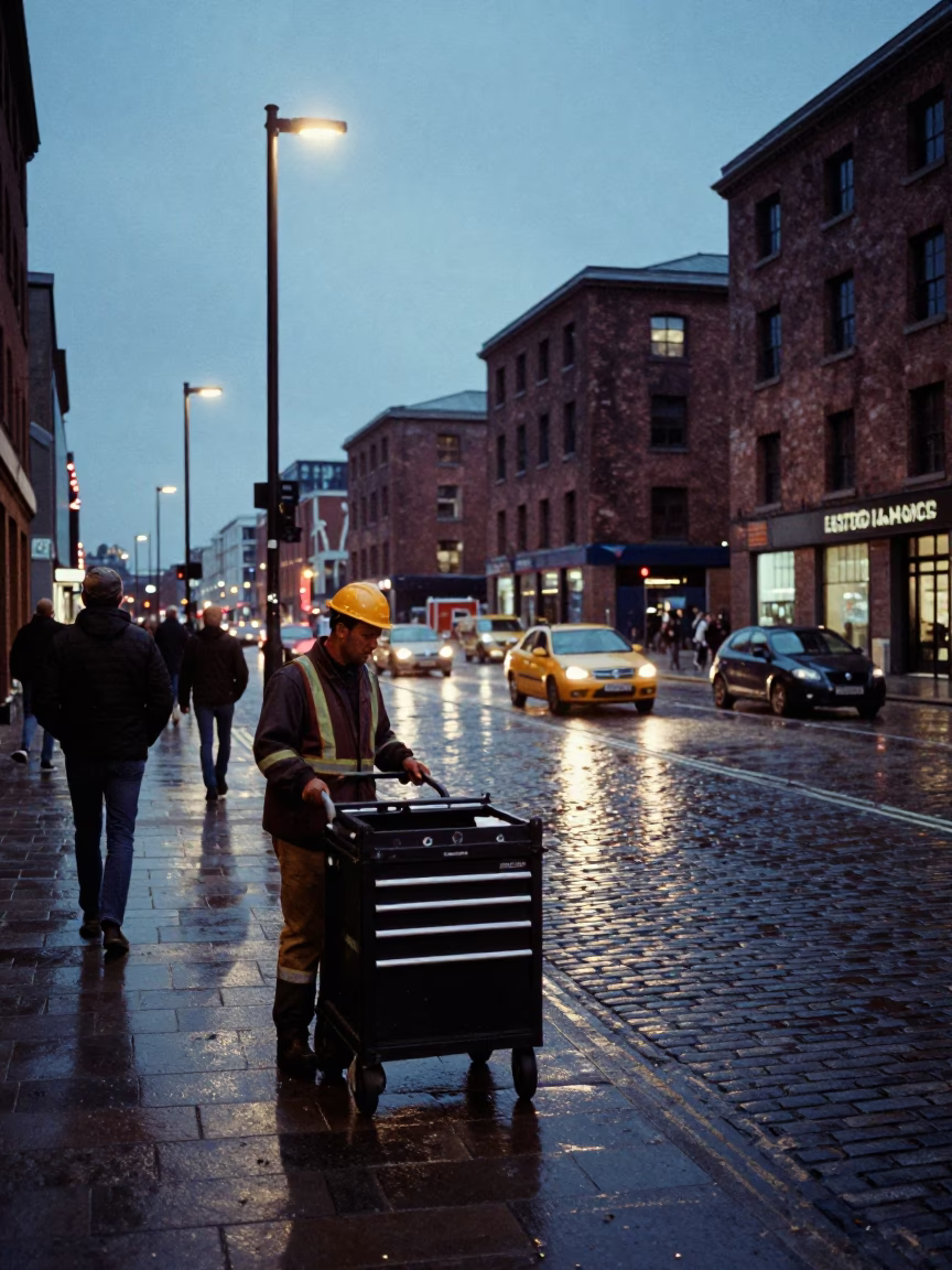 Busy Liverpool Street Scene at Blue Hour with Tool Caddy and Urban Life in in Liverpool, United Kingdom