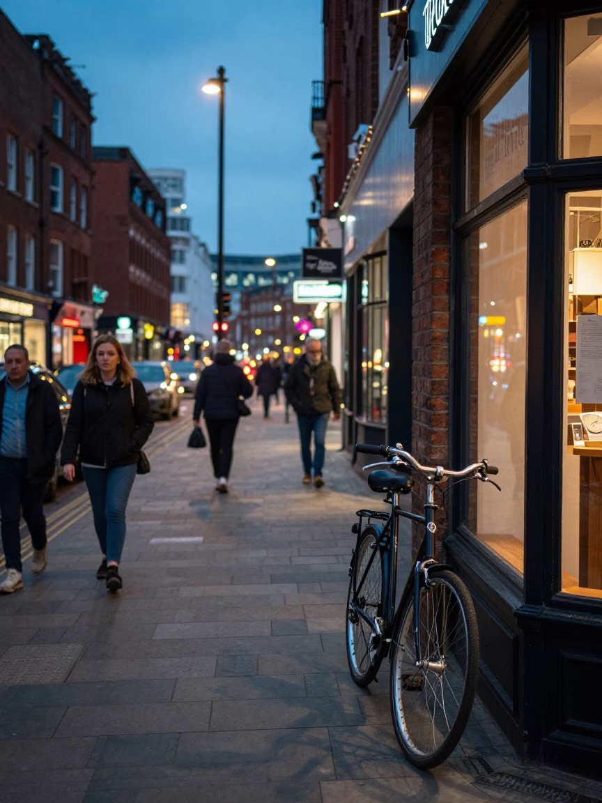 Busy Liverpool Street Scene at Dusk with Bicycle and Jam Jar in in Liverpool, United Kingdom