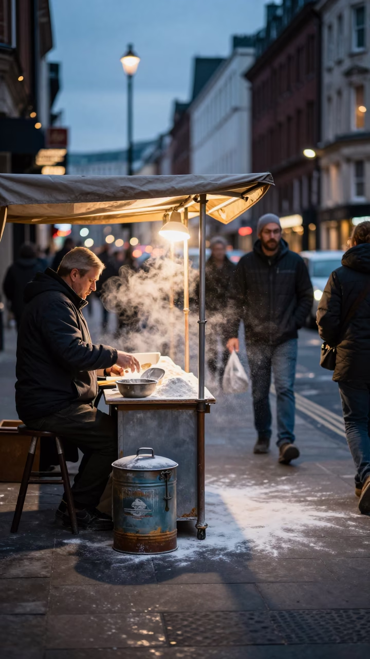 Busy Liverpool Street Scene at Dusk with Flour Dust and Coffee Tin in in Liverpool, United Kingdom