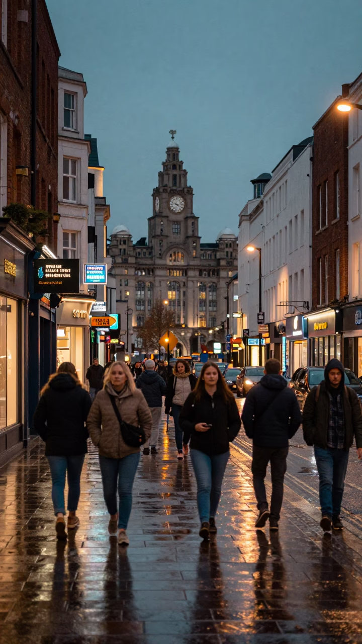 Busy Liverpool Street Scene at Dusk with Neon Lights and Local Pedestrians in in Liverpool, United Kingdom