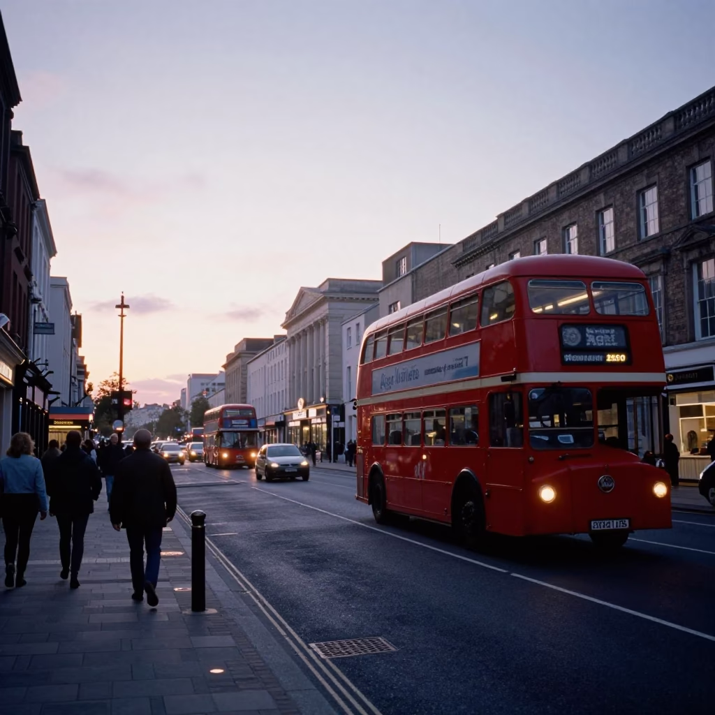 Busy Liverpool Street Scene at Nautical Dawn with Classic Red Bus and Urban Activity in in Liverpool, United Kingdom