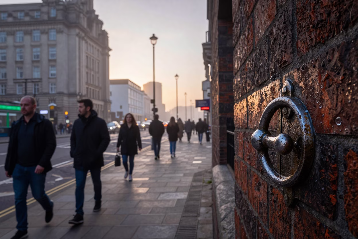 Busy Liverpool Street Scene at Nautical Dawn with Glass Jar and Gate Handle in in Liverpool, United Kingdom
