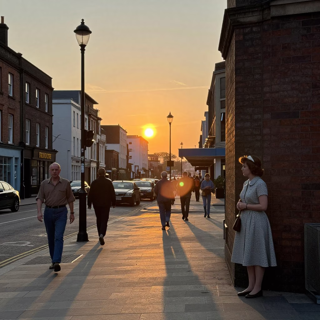Busy Liverpool Street Scene at Sunset with Vintage 1960s Details and Urban Life in in Liverpool, United Kingdom