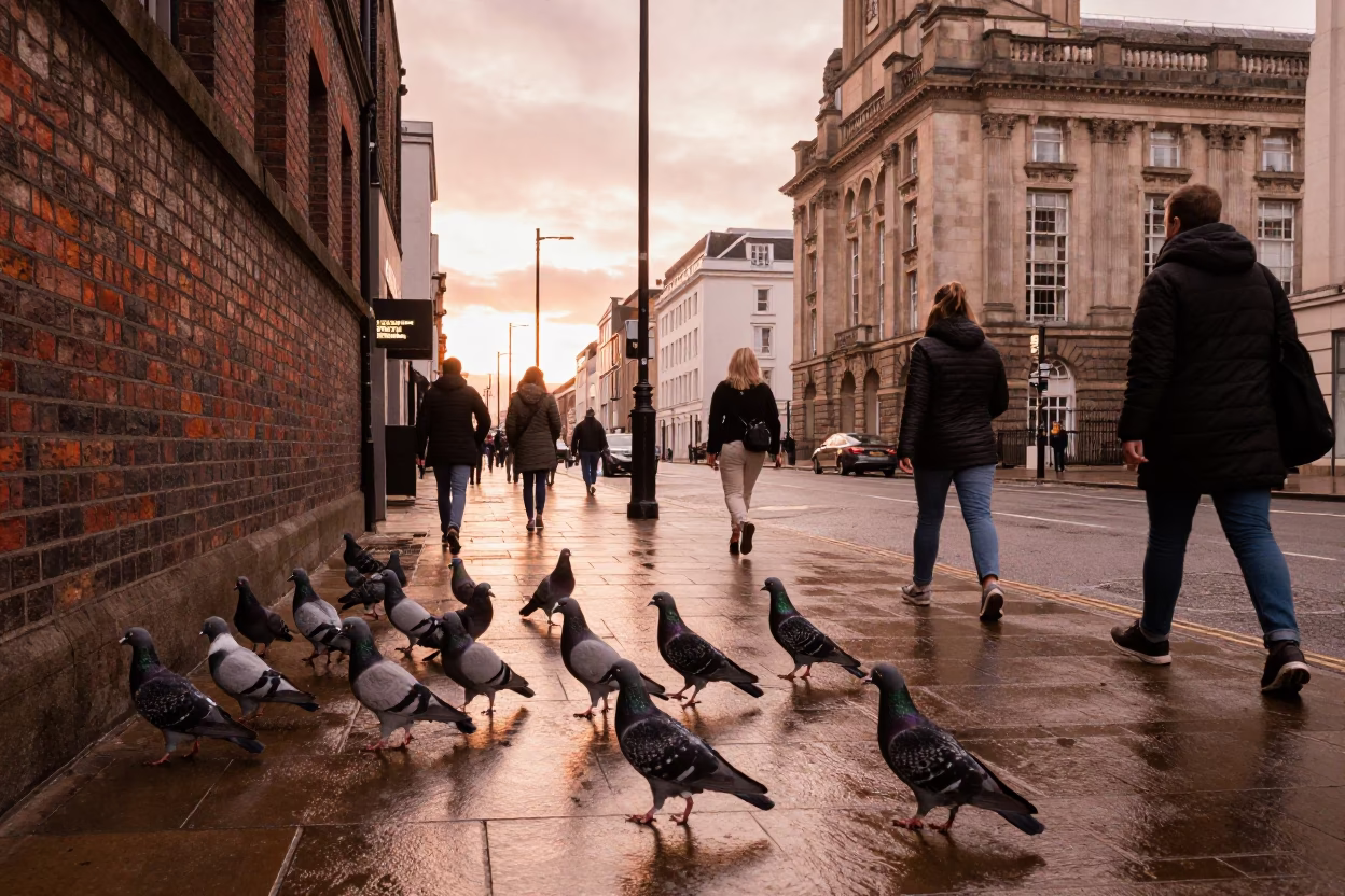 Busy Liverpool Street Scene Before Dusk with Pigeons and Urban Details in in Liverpool, United Kingdom