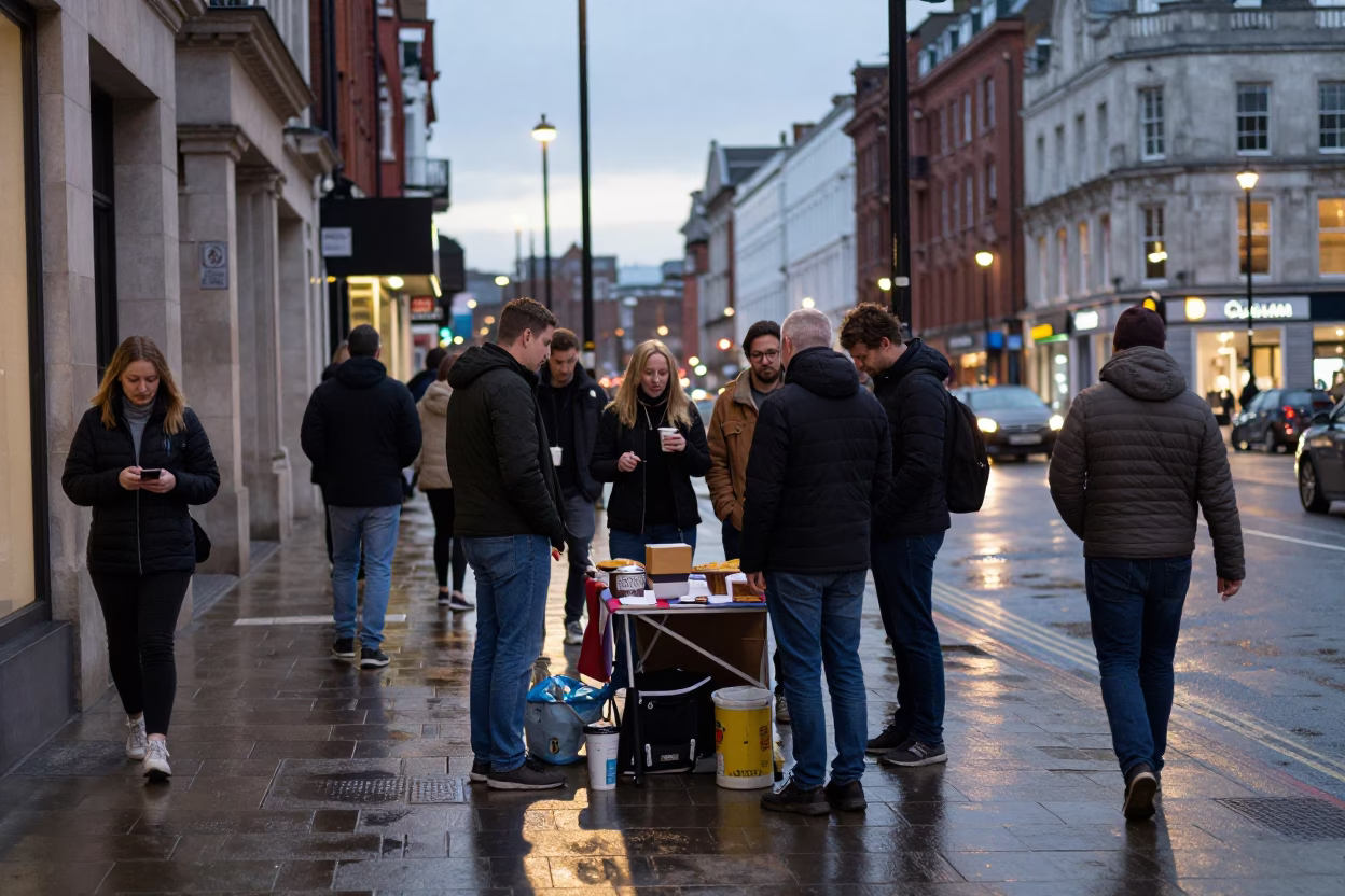 Busy Liverpool Street Scene Early Evening with Muffin Tin and Picnic Blanket in in Liverpool, United Kingdom