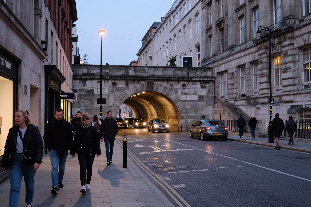Busy Liverpool Street Scene Early Evening with Tunnel Portal and Urban Details in in Liverpool, United Kingdom