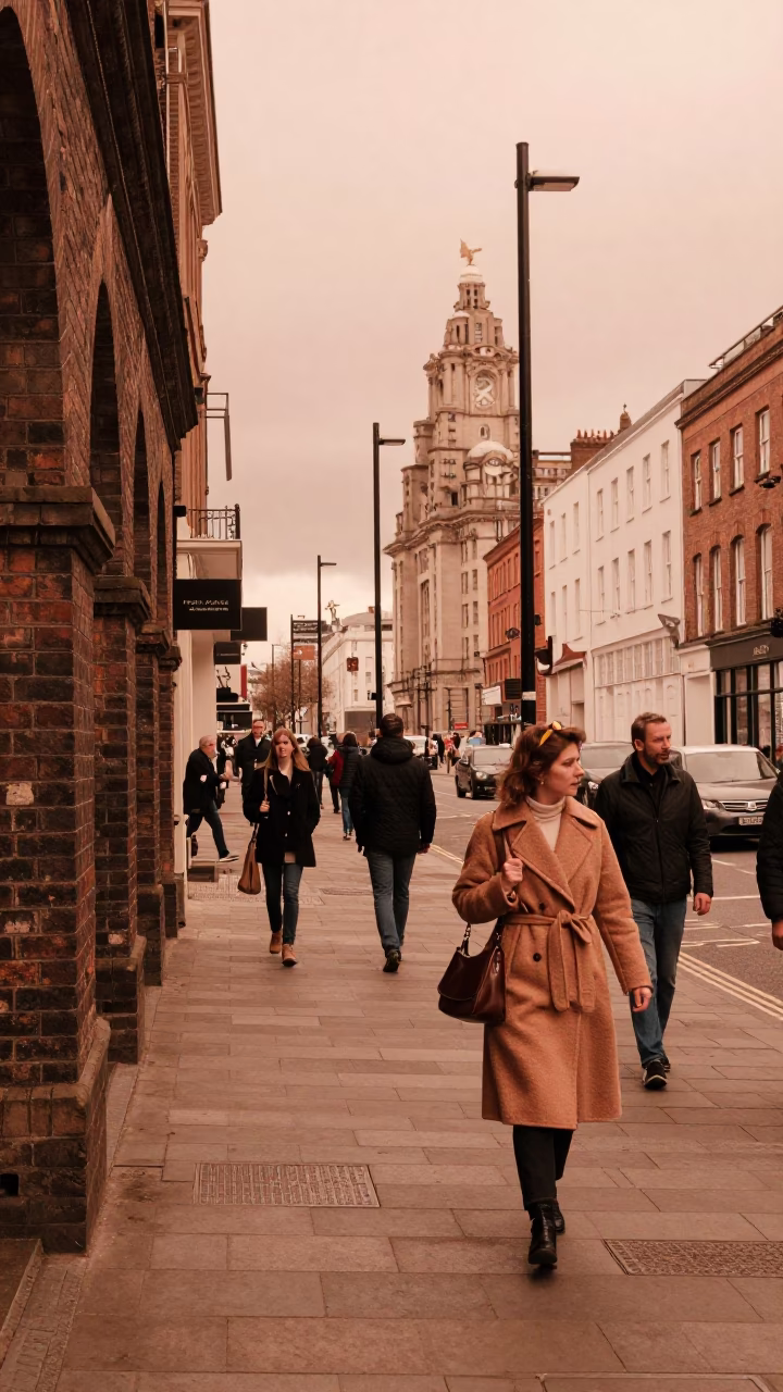 Busy Liverpool Street Scene in Copper Toned Light Before Dusk with Local Interaction in in Liverpool, United Kingdom