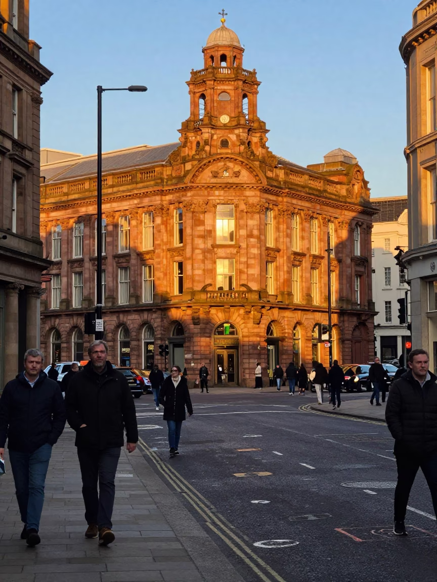 Busy Liverpool Street Scene in Honeyed Evening Light with Local Shops and Pedestrians in in Liverpool, United Kingdom