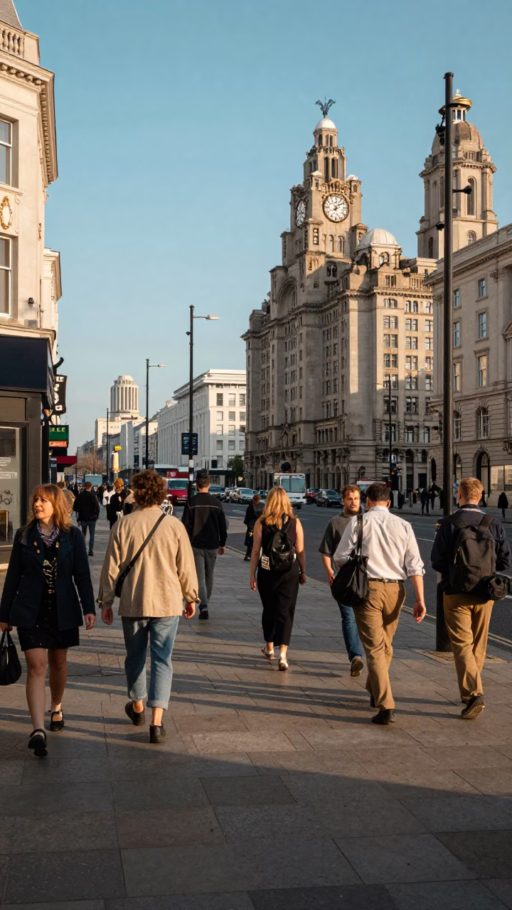 Busy Liverpool Street Scene in Late Afternoon Light with Vintage 1950s Atmosphere in in Liverpool, United Kingdom