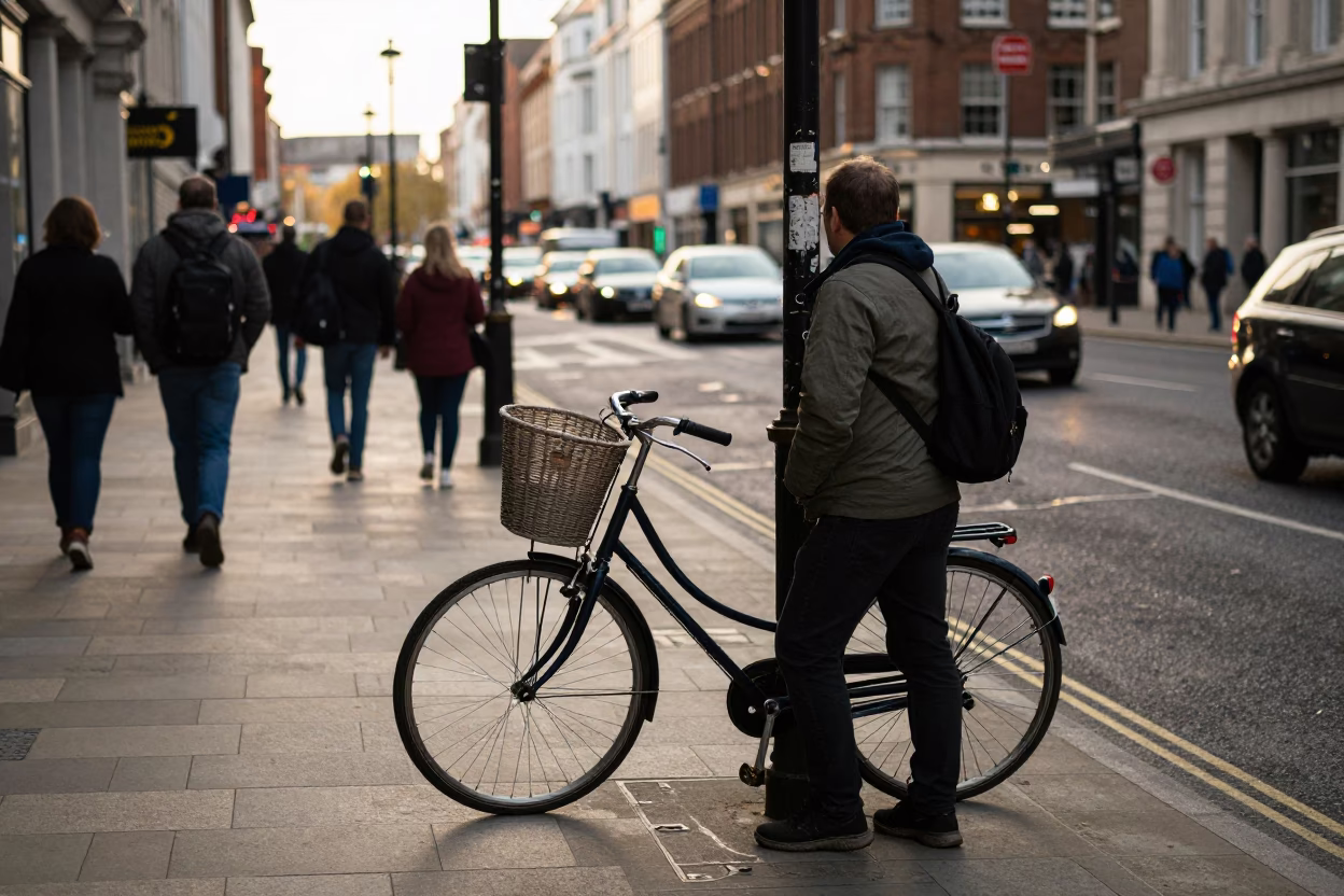 Busy Liverpool Street Scene Late Afternoon with Bicycle Basket and Alaskan Malamute in in Liverpool, United Kingdom