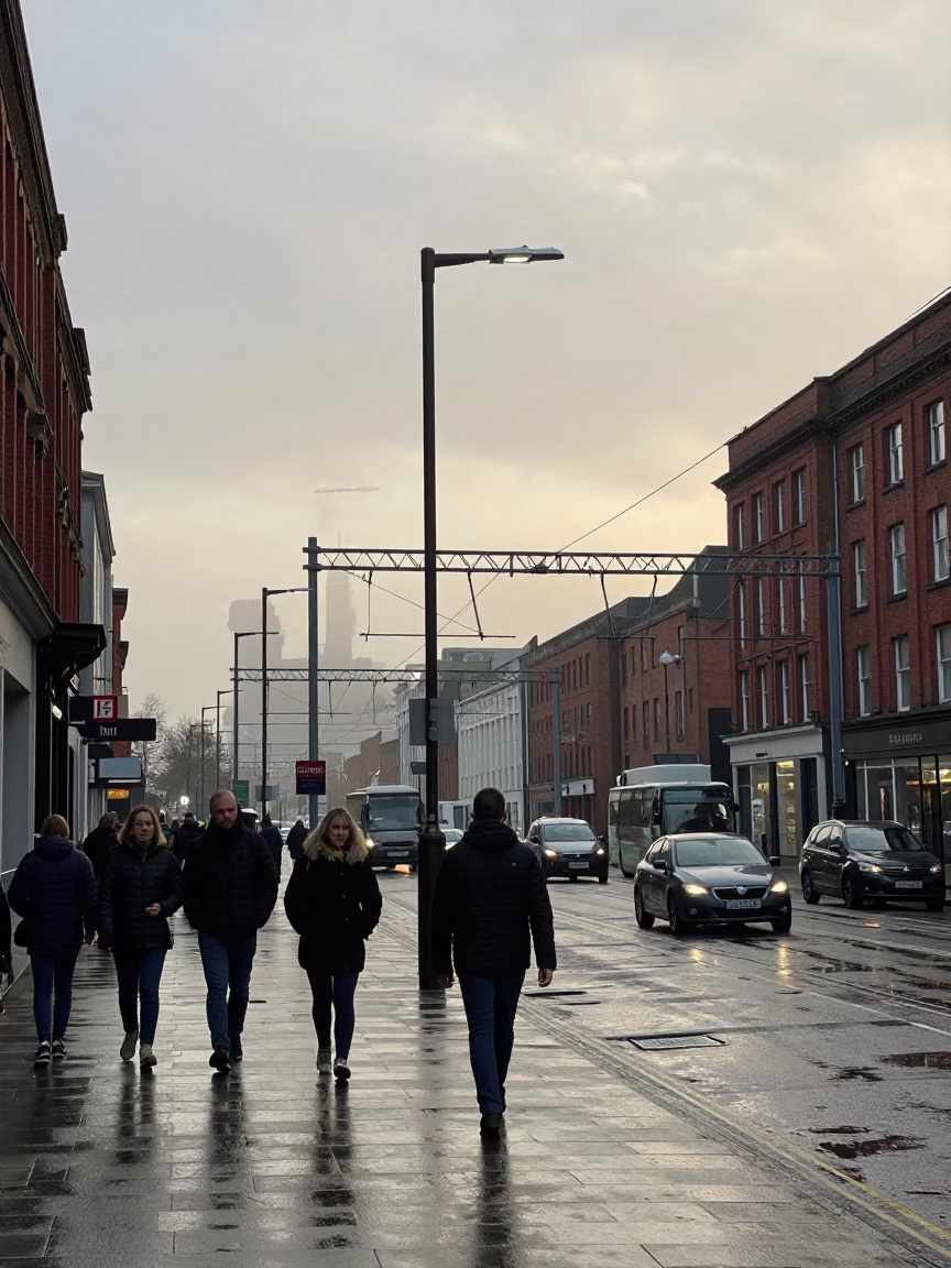 Busy Liverpool Street Scene Late Afternoon with Rail Catenary and Industrial Fog in in Liverpool, United Kingdom