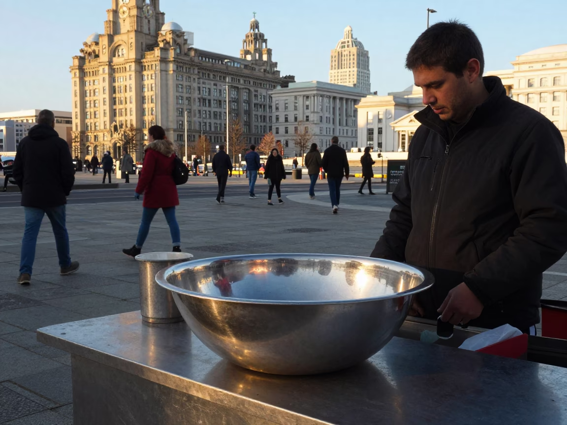 Busy Liverpool Street Scene Late Afternoon with Steel Bowl and Tea Stains in in Liverpool, United Kingdom