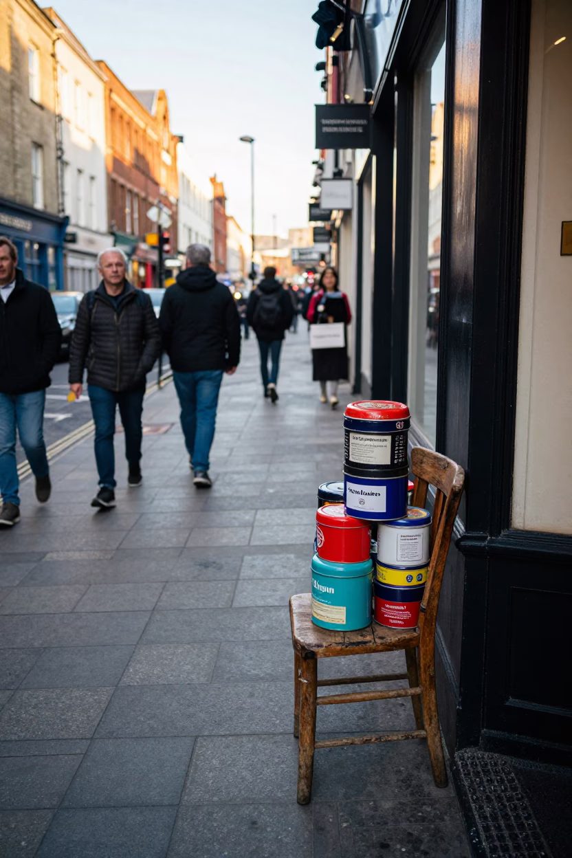 Busy Liverpool Street Scene Late Morning with Chair and Storage Tins in in Liverpool, United Kingdom