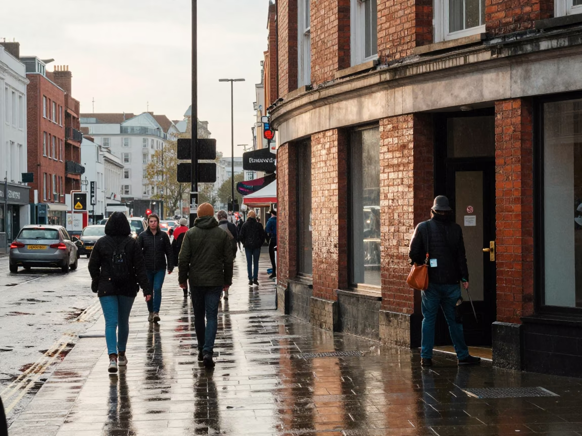 Busy Liverpool Street Scene Late Morning with Rain and Urban Details in in Liverpool, United Kingdom