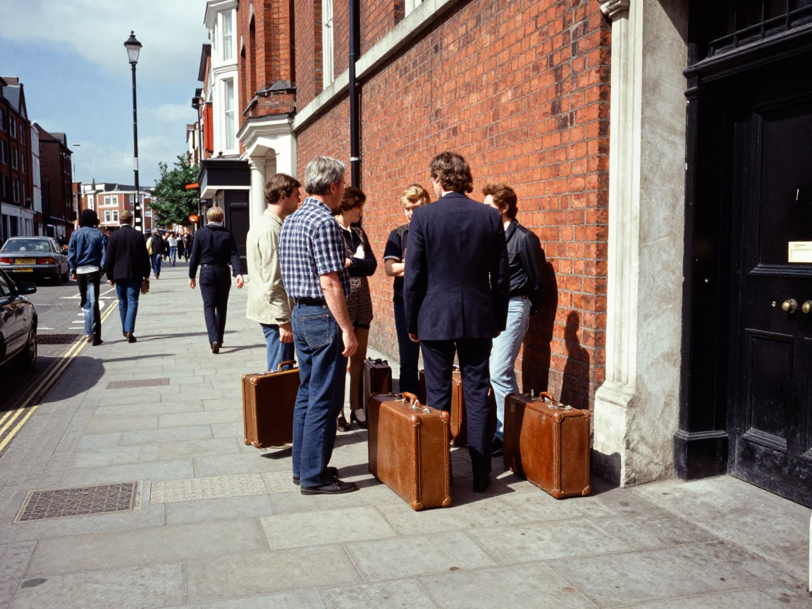 Busy Liverpool Street Scene Midday with Vintage Suitcases and Urban Activity in in Liverpool, United Kingdom