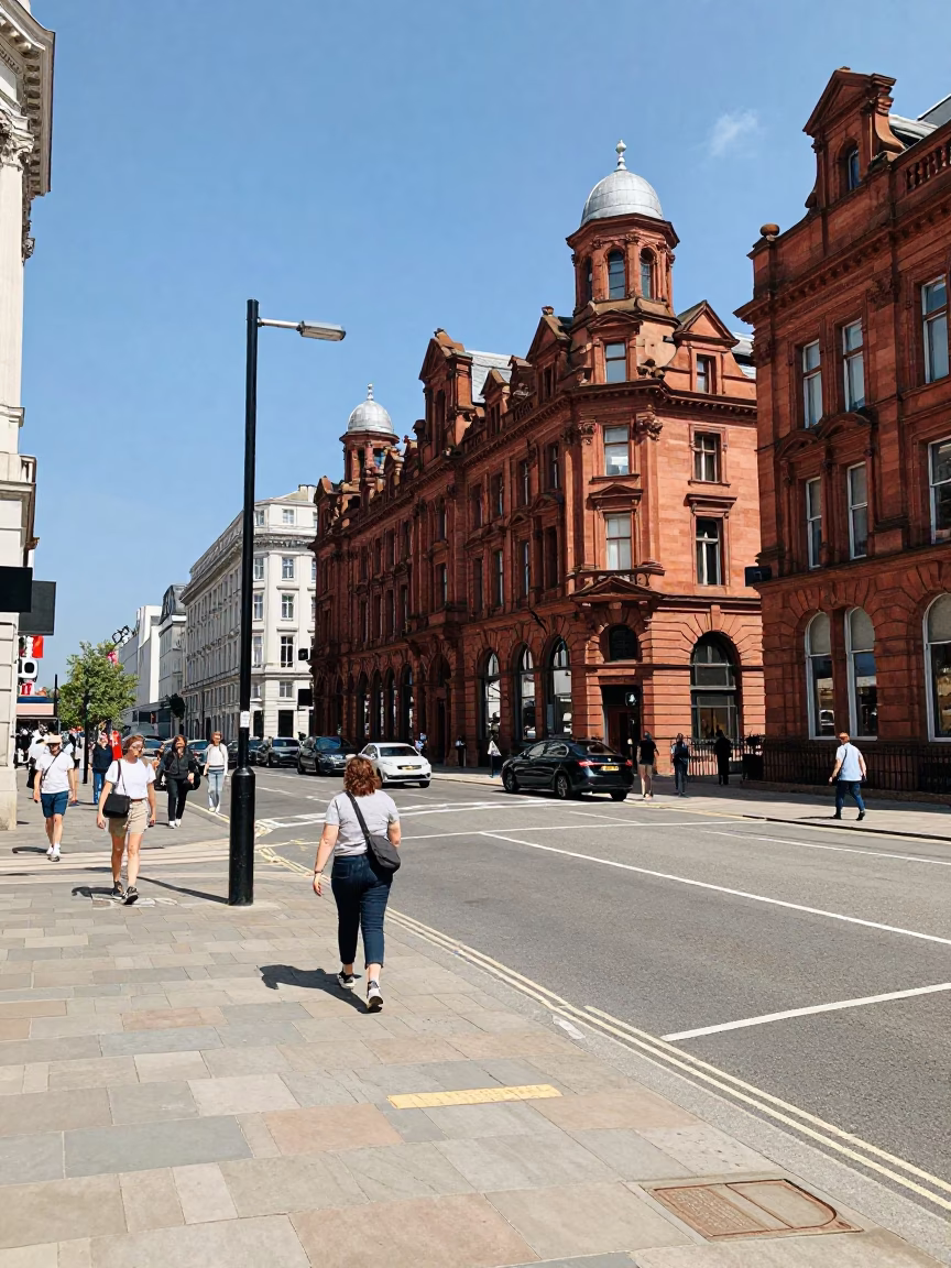 Busy Liverpool Street Scene Under Flat Noon Glare with Red Brick Architecture and Pedestrians in in Liverpool, United Kingdom