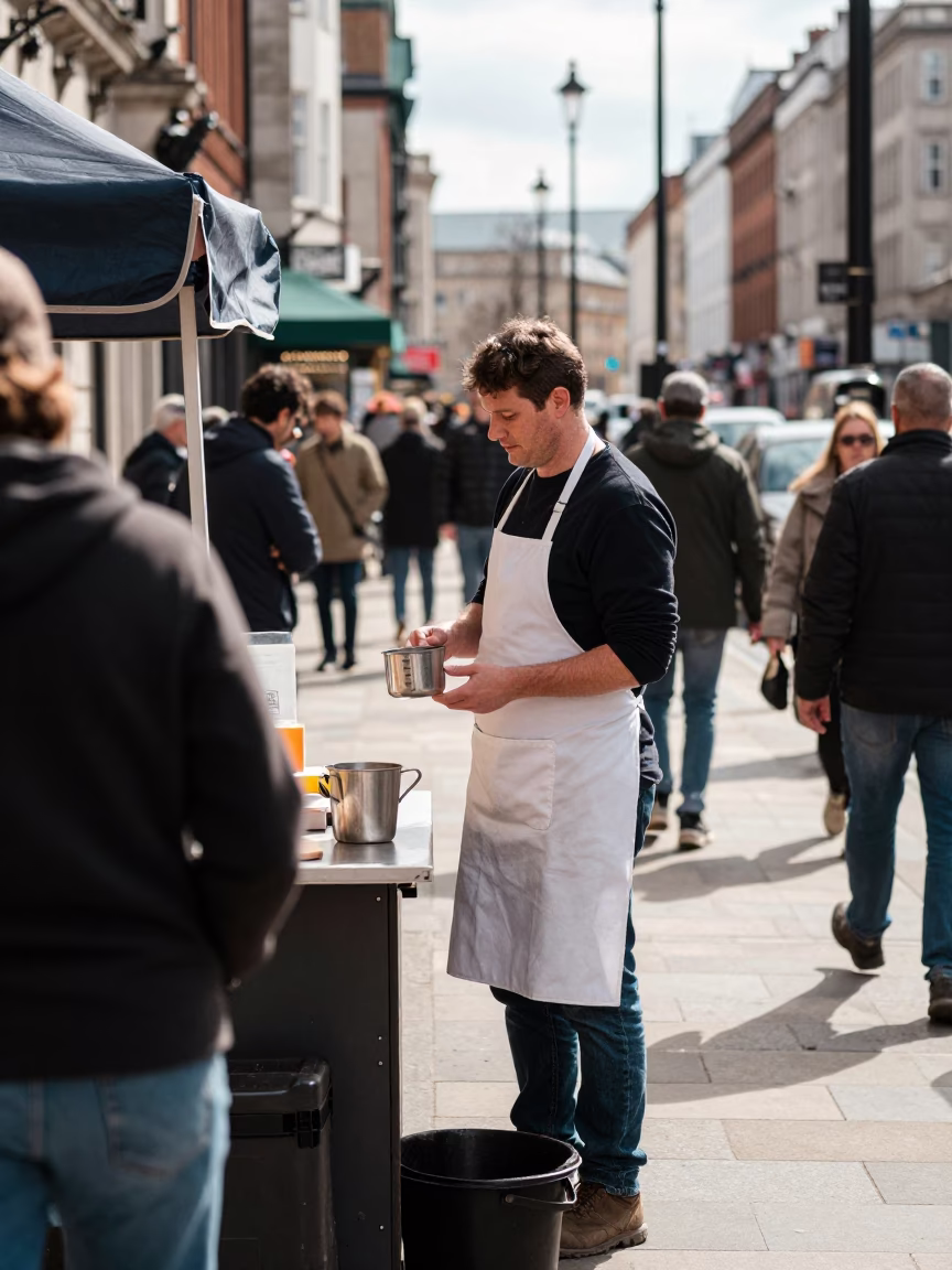 Busy Liverpool Street Scene with Apron and Measuring Cup at Noon in in Liverpool, United Kingdom