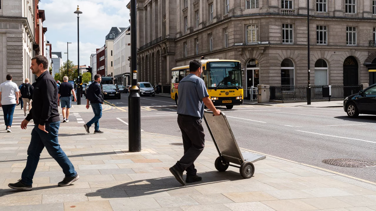 Busy Liverpool Street Scene with Caster Wheel Trolley Under Flat Noon Light in in Liverpool, United Kingdom