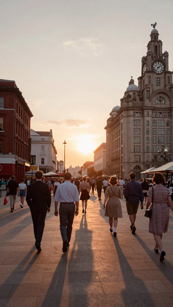 Busy Liverpool Street Scene with Vintage 1960s Atmosphere and Local Market Activity in in Liverpool, United Kingdom