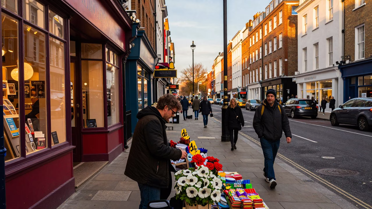 Busy London Evening Street Scene with Colorful Shop Displays and Pedestrians in Honeyed Light in in London, United Kingdom