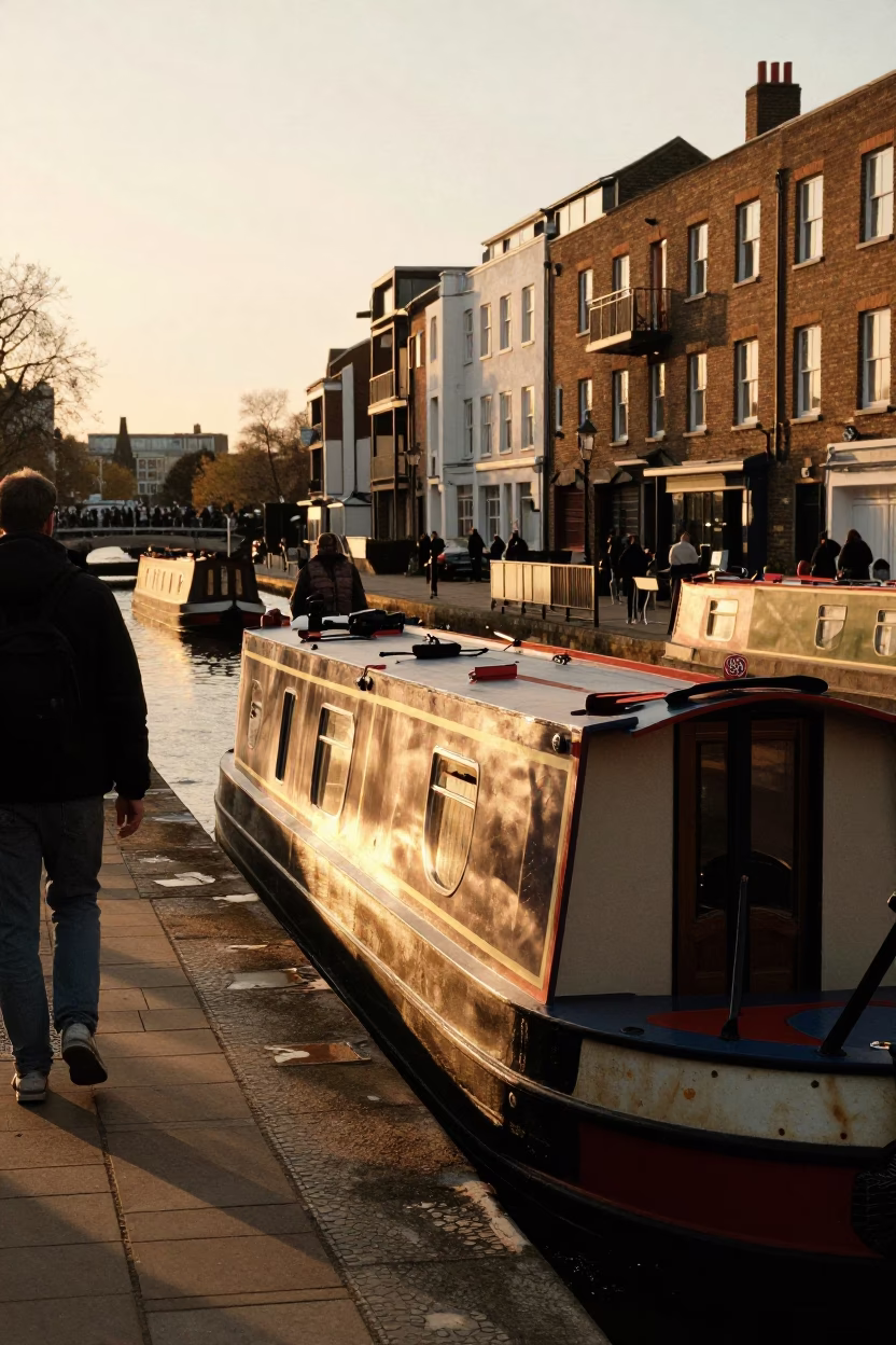 Busy London Evening Street Scene with Narrowboat and Steel Furniture in in London, United Kingdom