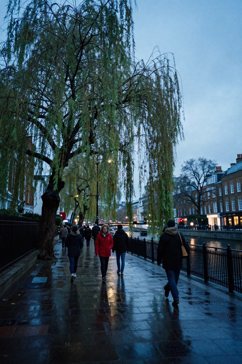 Busy London Evening Street Scene with Weeping Willow and Vintage Storefronts in Blue Light in in London, United Kingdom