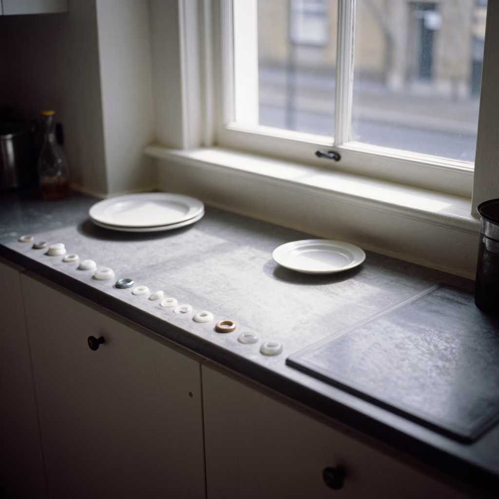 Busy London Kitchen Counter With Mineral Rings And Serving Bowls During Late Morning in in London, United Kingdom