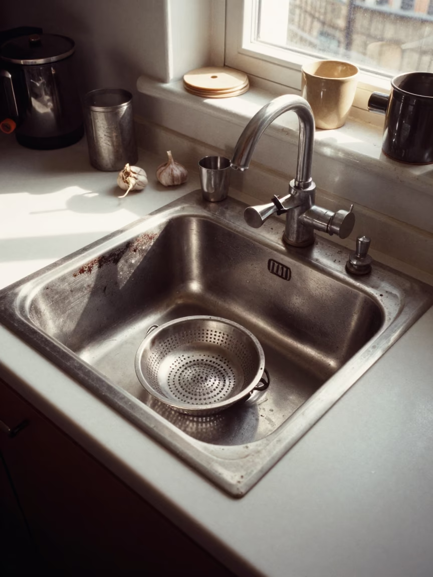 Busy London Kitchen Counter with Smudged Basin and Garlic Press in Late Morning Light in in London, United Kingdom